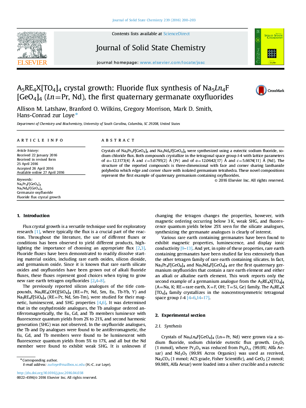 A5RE4X[TO4]4 crystal growth: Fluoride flux synthesis of Na5Ln4F[GeO4]4 (Ln=Pr, Nd), the first quaternary germanate oxyfluorides