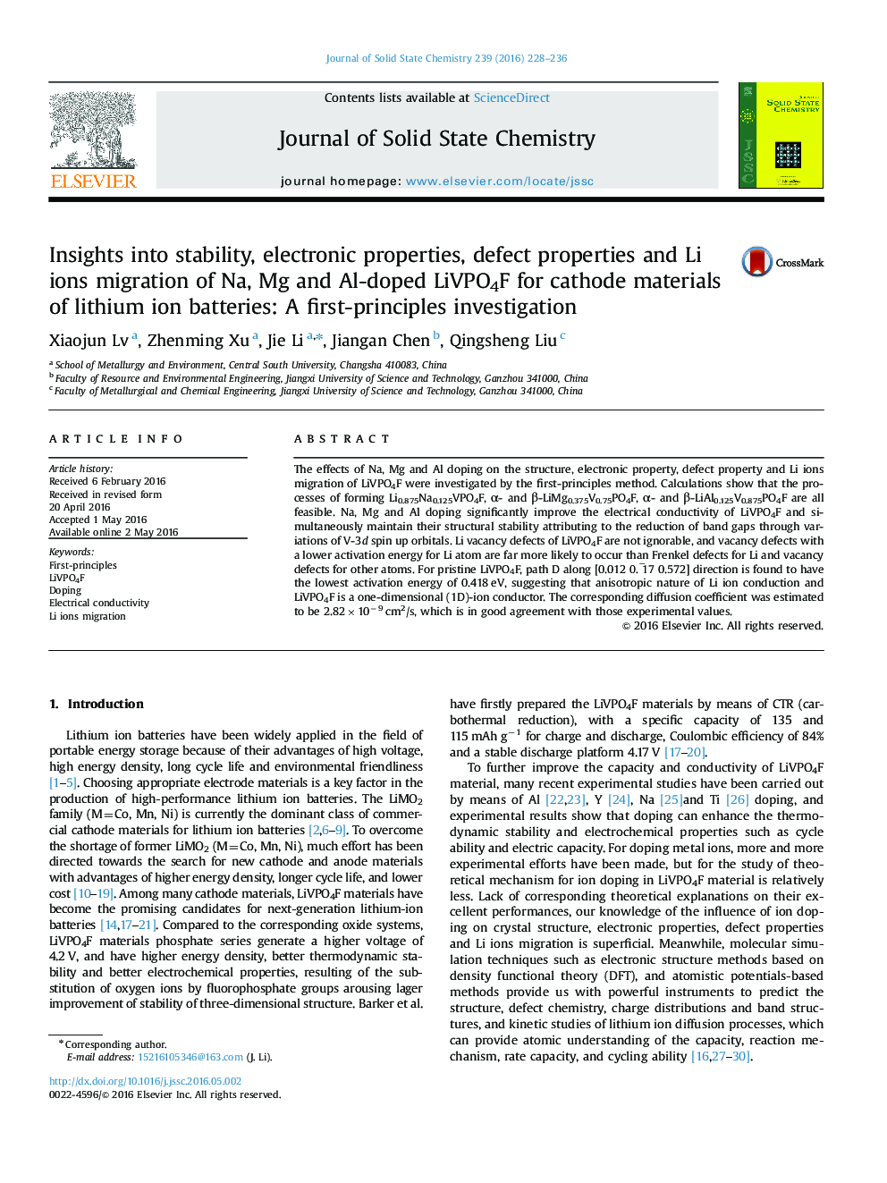 Insights into stability, electronic properties, defect properties and Li ions migration of Na, Mg and Al-doped LiVPO4F for cathode materials of lithium ion batteries: A first-principles investigation