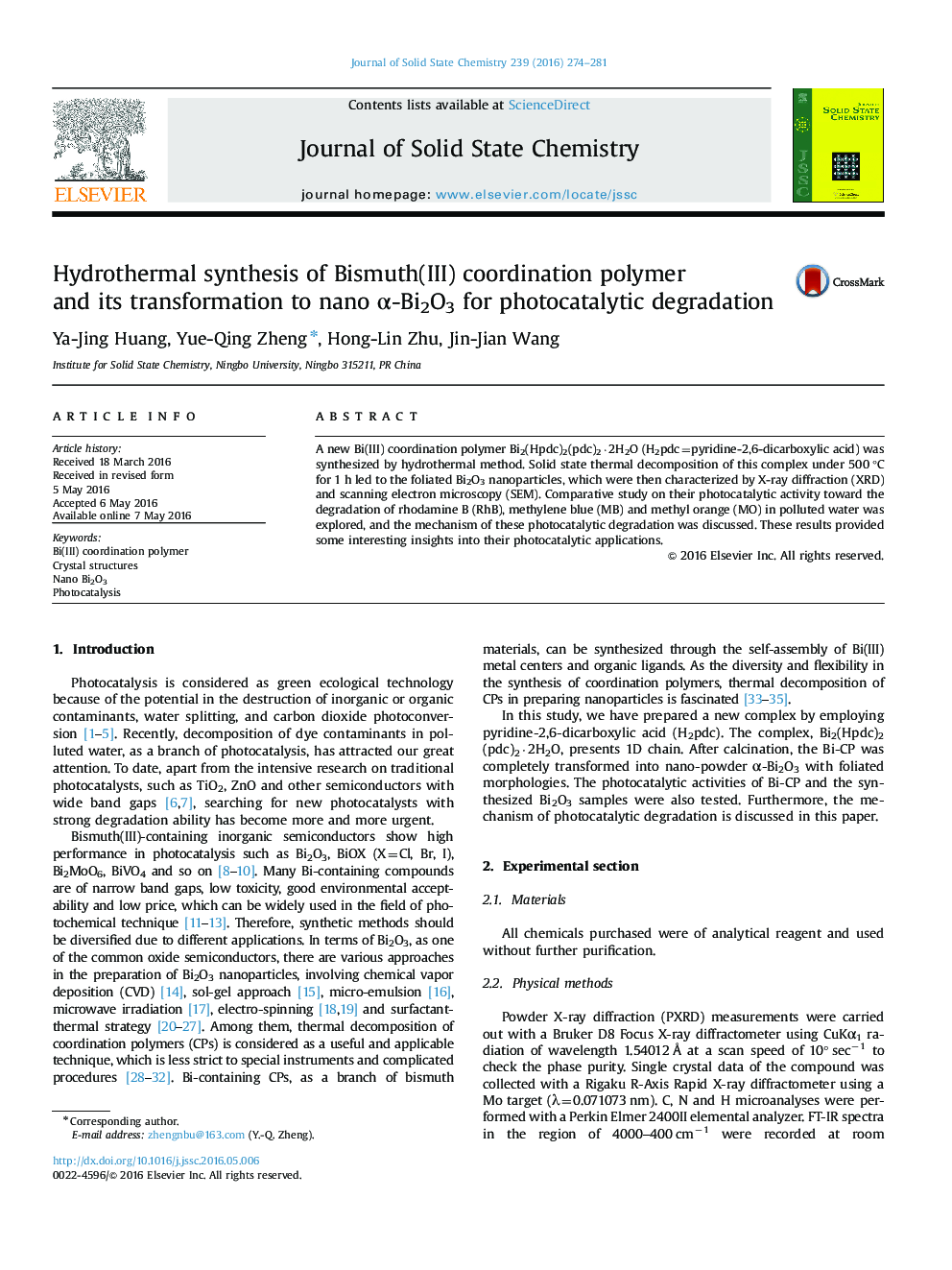 Hydrothermal synthesis of Bismuth(III) coordination polymer and its transformation to nano Î±-Bi2O3 for photocatalytic degradation