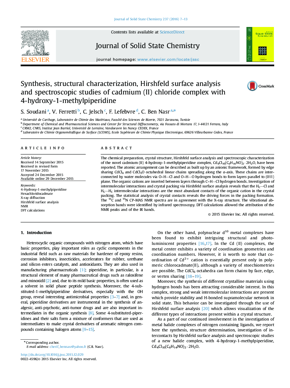 Synthesis, structural characterization, Hirshfeld surface analysis and spectroscopic studies of cadmium (II) chloride complex with 4-hydroxy-1-methylpiperidine