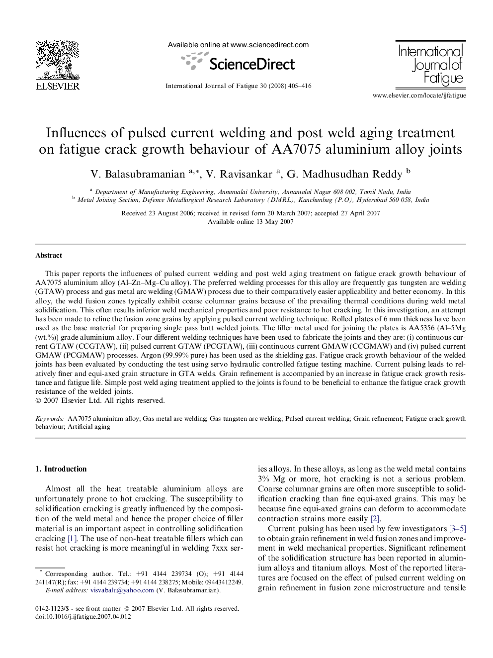 Influences of pulsed current welding and post weld aging treatment on fatigue crack growth behaviour of AA7075 aluminium alloy joints