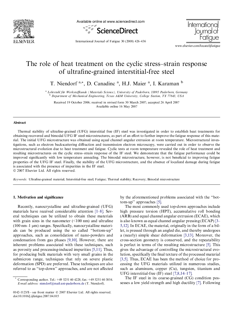 The role of heat treatment on the cyclic stress–strain response of ultrafine-grained interstitial-free steel