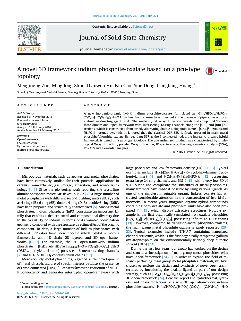 A novel 3D framework indium phosphite-oxalate based on a pcu-type topology