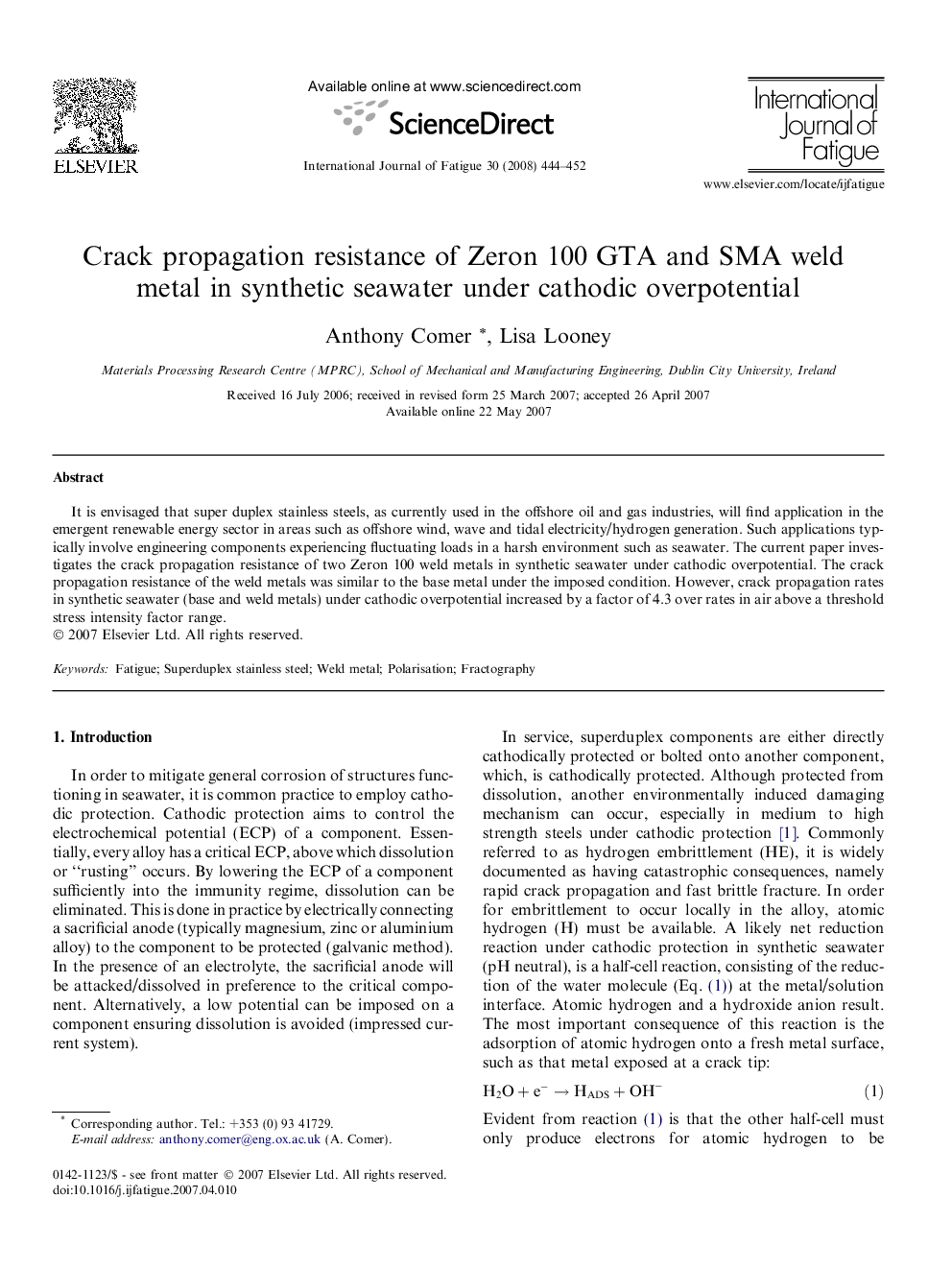 Crack propagation resistance of Zeron 100 GTA and SMA weld metal in synthetic seawater under cathodic overpotential