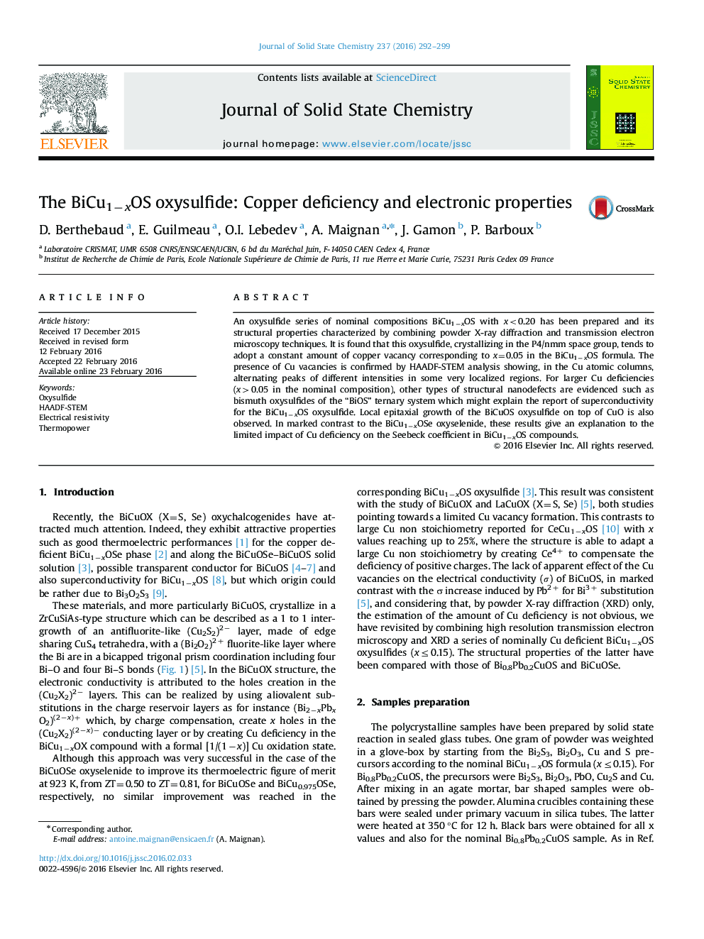 The BiCu1âxOS oxysulfide: Copper deficiency and electronic properties