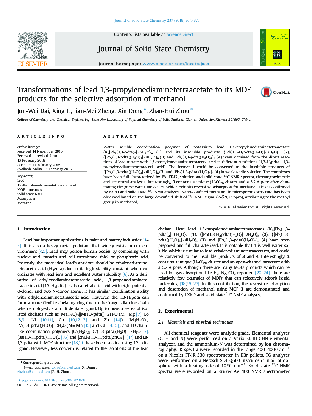 Transformations of lead 1,3-propylenediaminetetraacetate to its MOF products for the selective adsorption of methanol