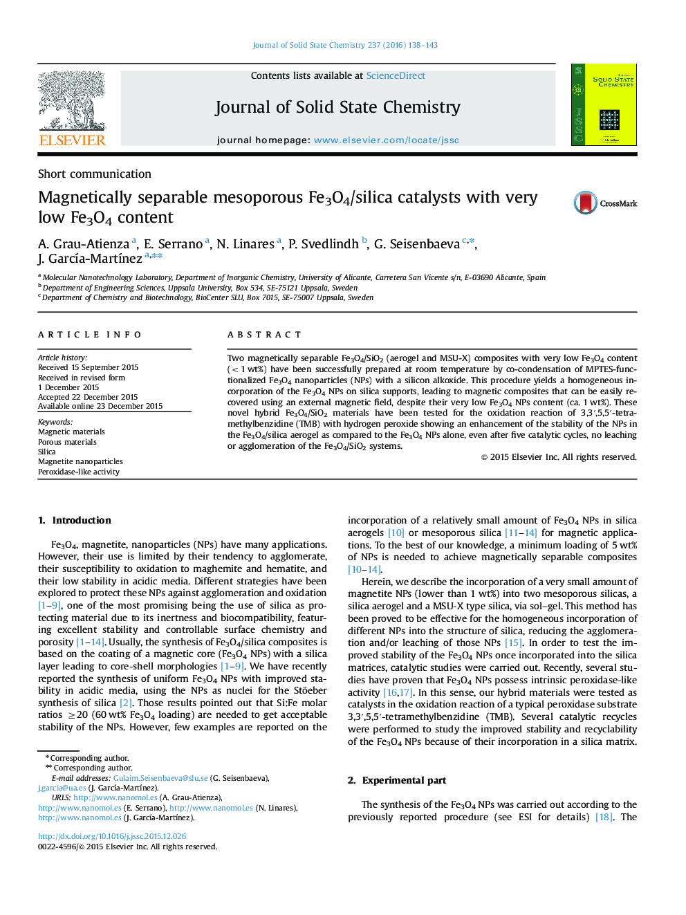 Magnetically separable mesoporous Fe3O4/silica catalysts with very low Fe3O4 content