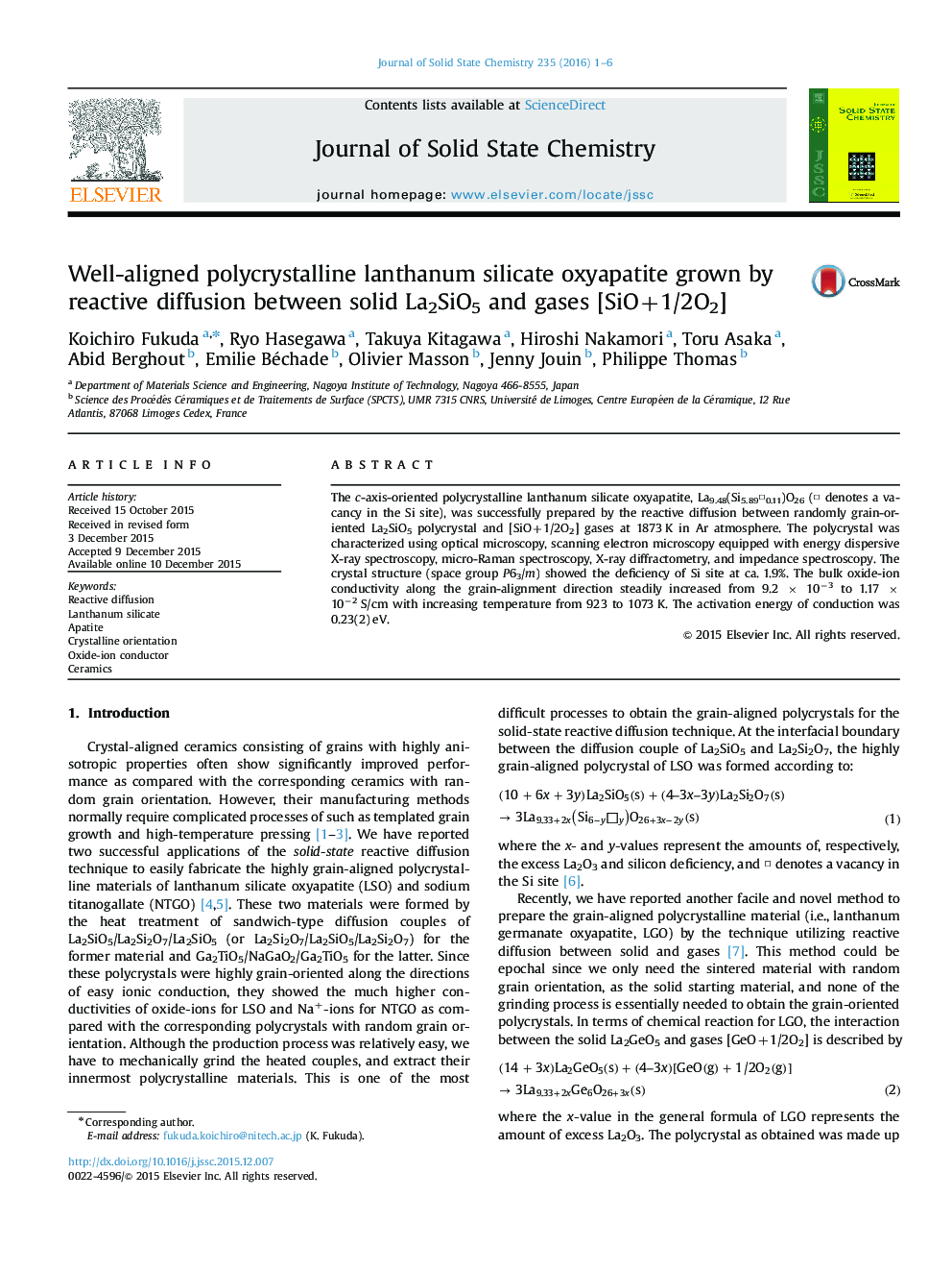 Well-aligned polycrystalline lanthanum silicate oxyapatite grown by reactive diffusion between solid La2SiO5 and gases [SiO+1/2O2]