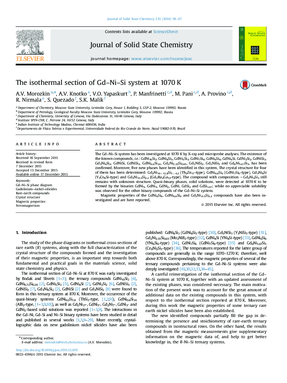 The isothermal section of Gd-Ni-Si system at 1070Â K