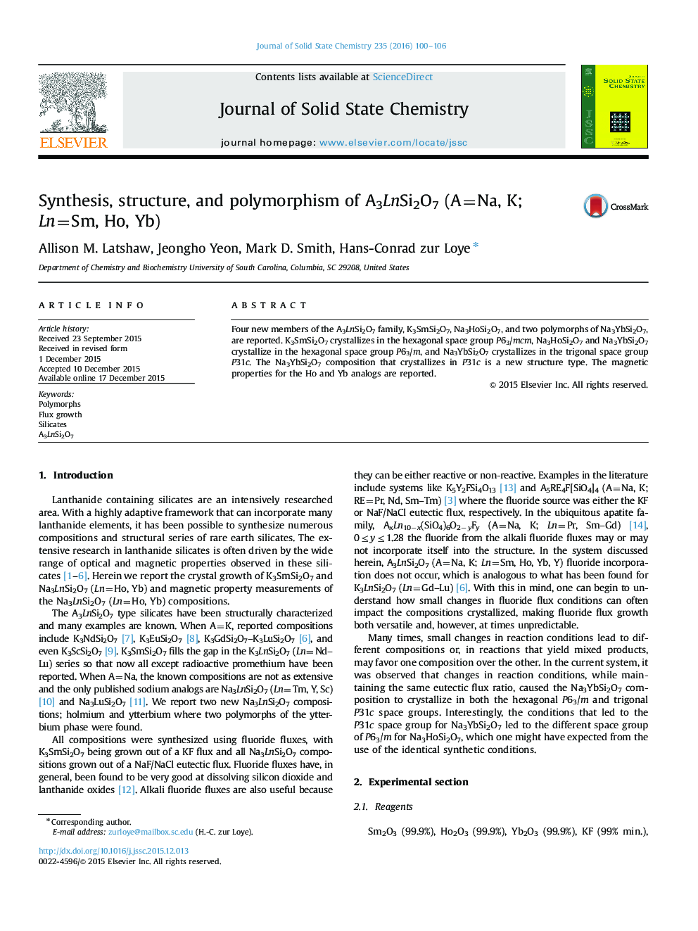 Synthesis, structure, and polymorphism of A3LnSi2O7 (A=Na, K; Ln=Sm, Ho, Yb)