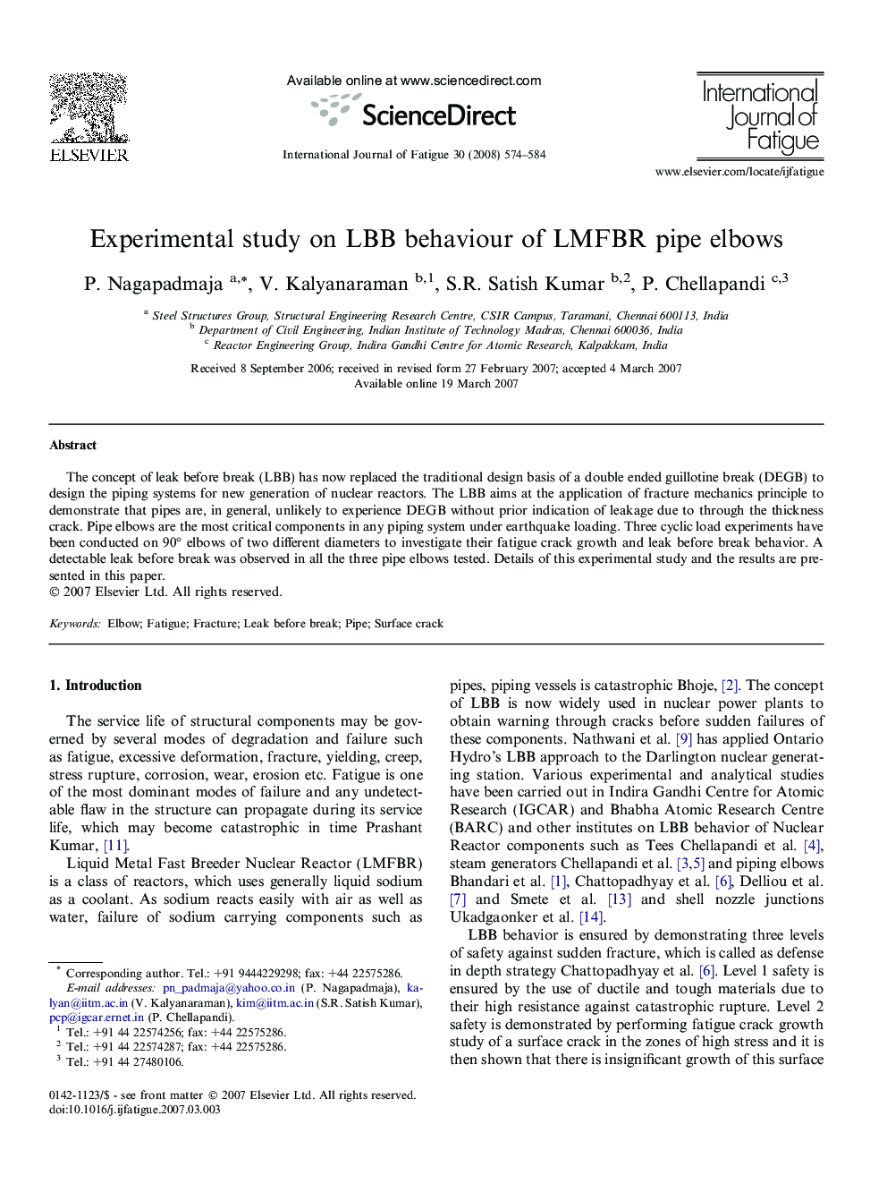 Experimental study on LBB behaviour of LMFBR pipe elbows