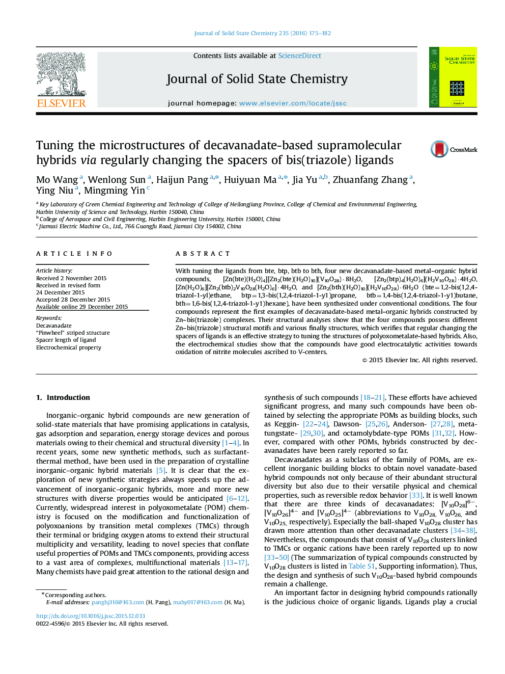 Tuning the microstructures of decavanadate-based supramolecular hybrids via regularly changing the spacers of bis(triazole) ligands