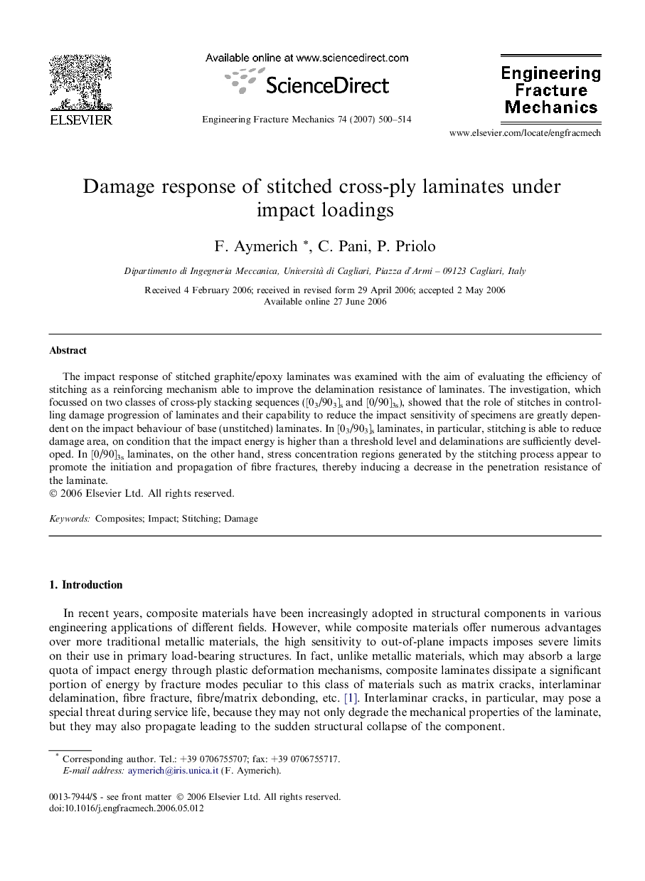 Damage response of stitched cross-ply laminates under impact loadings