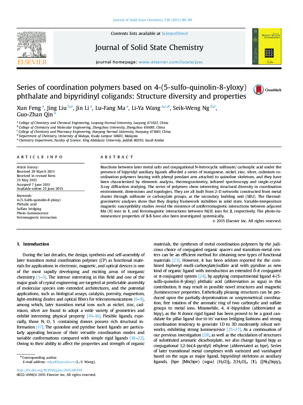 Series of coordination polymers based on 4-(5-sulfo-quinolin-8-yloxy) phthalate and bipyridinyl coligands: Structure diversity and properties