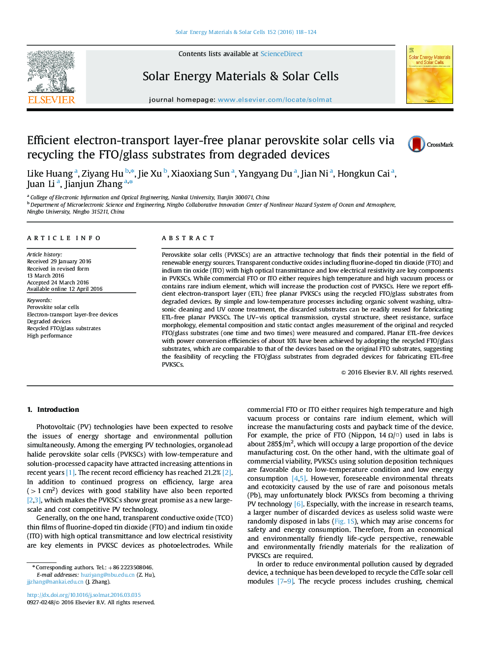 Efficient electron-transport layer-free planar perovskite solar cells via recycling the FTO/glass substrates from degraded devices