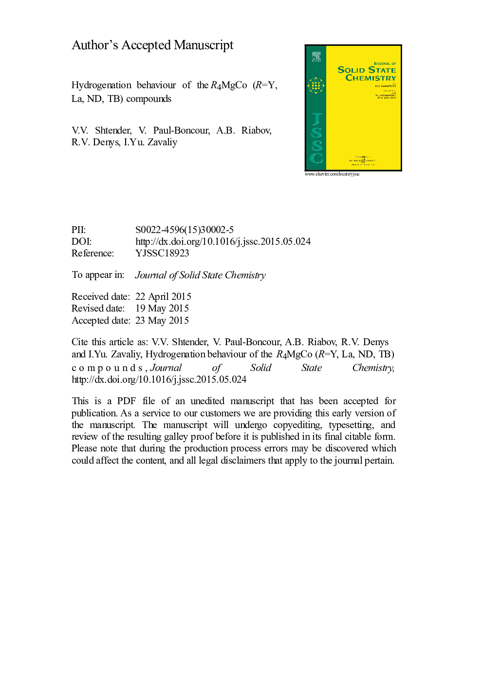 Hydrogenation behavior of the R4MgCo (R=Y, La, Nd, Tb) compounds