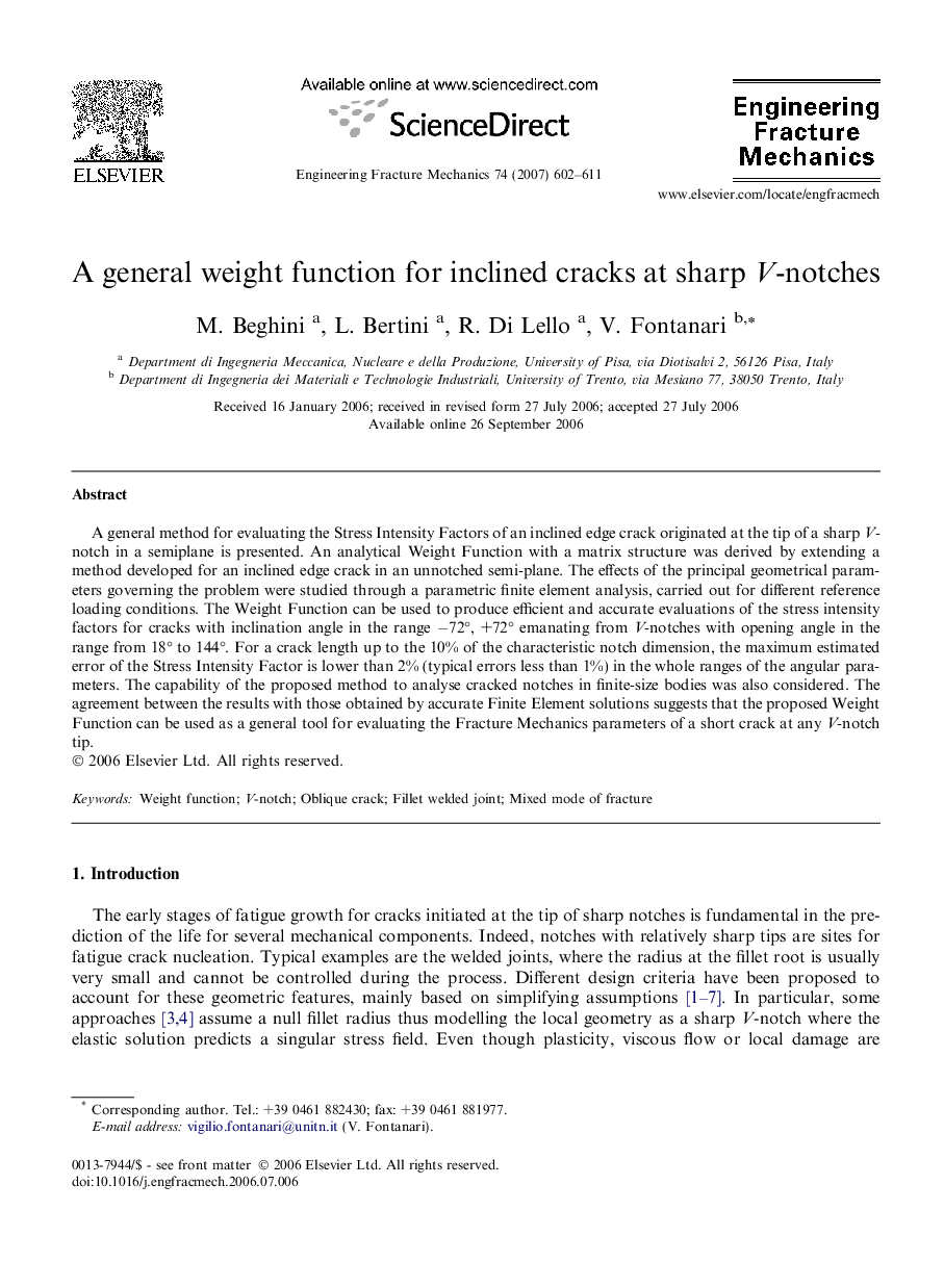 A general weight function for inclined cracks at sharp V-notches