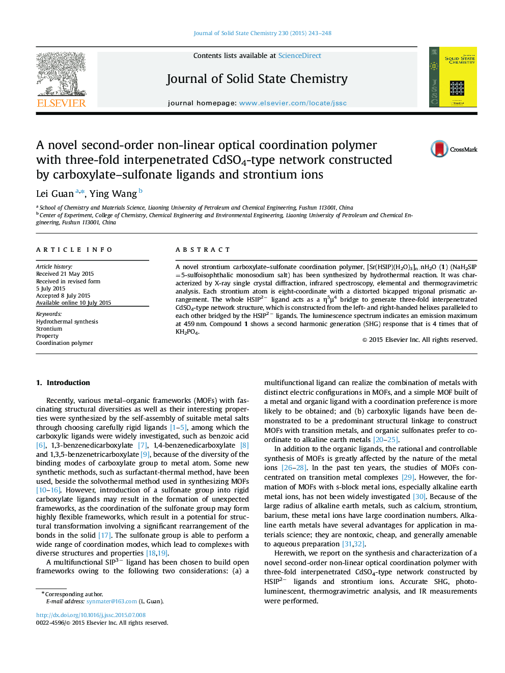 A novel second-order non-linear optical coordination polymer with three-fold interpenetrated CdSO4-type network constructed by carboxylate-sulfonate ligands and strontium ions