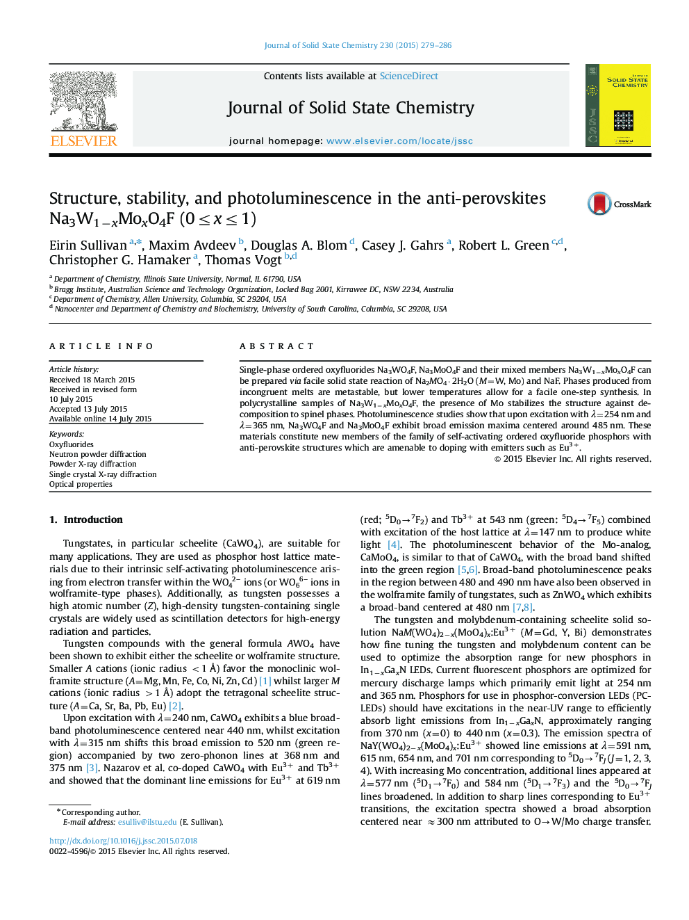 Structure, stability, and photoluminescence in the anti-perovskites Na3W1âxMoxO4F (0â¤xâ¤1)