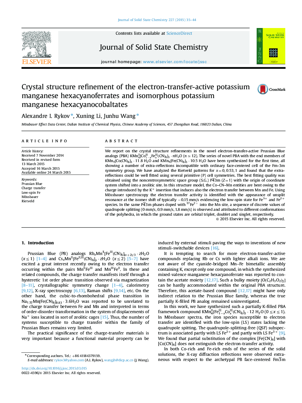 Crystal structure refinement of the electron-transfer-active potassium manganese hexacyanoferrates and isomorphous potassium manganese hexacyanocobaltates