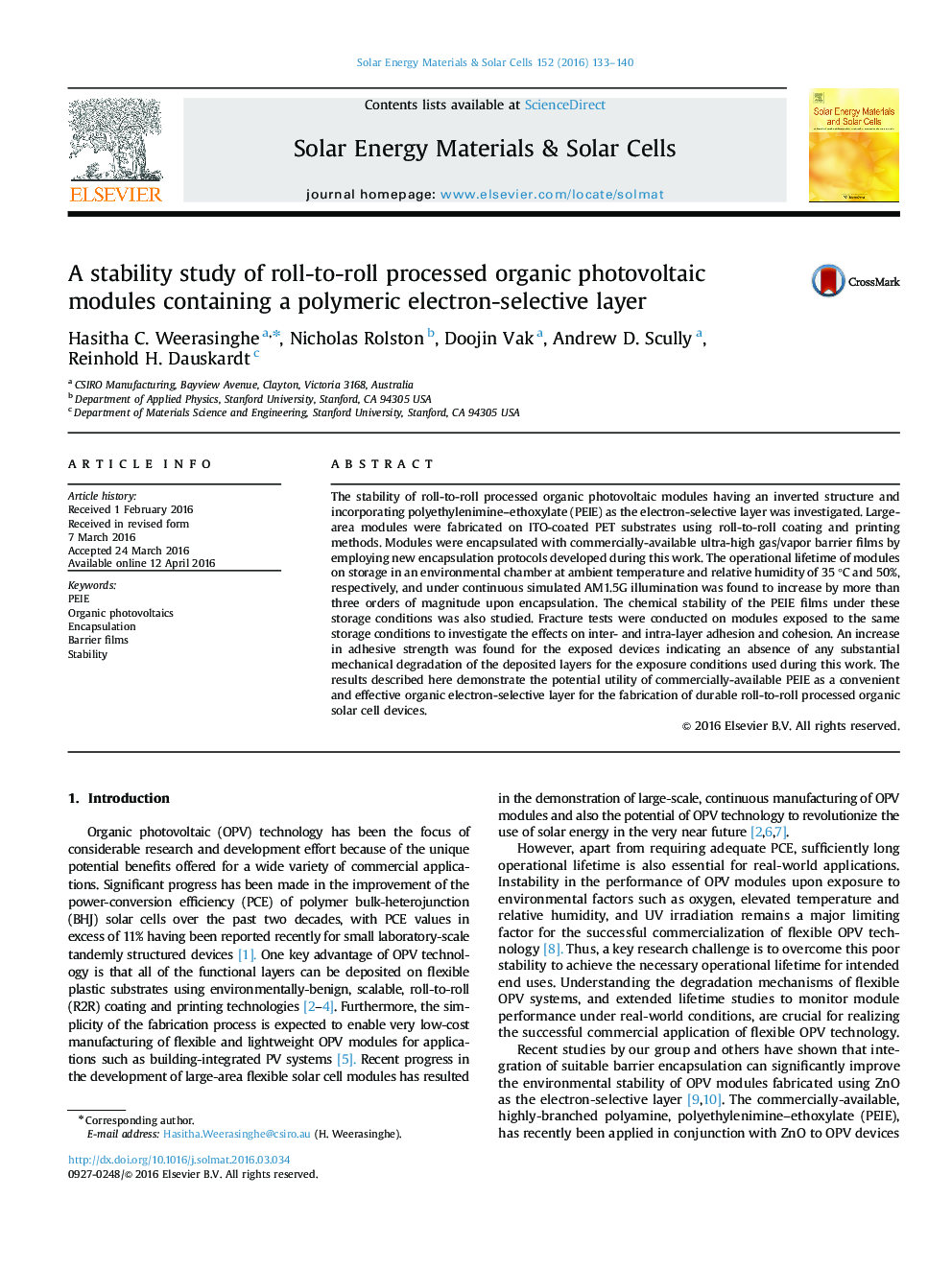 A stability study of roll-to-roll processed organic photovoltaic modules containing a polymeric electron-selective layer