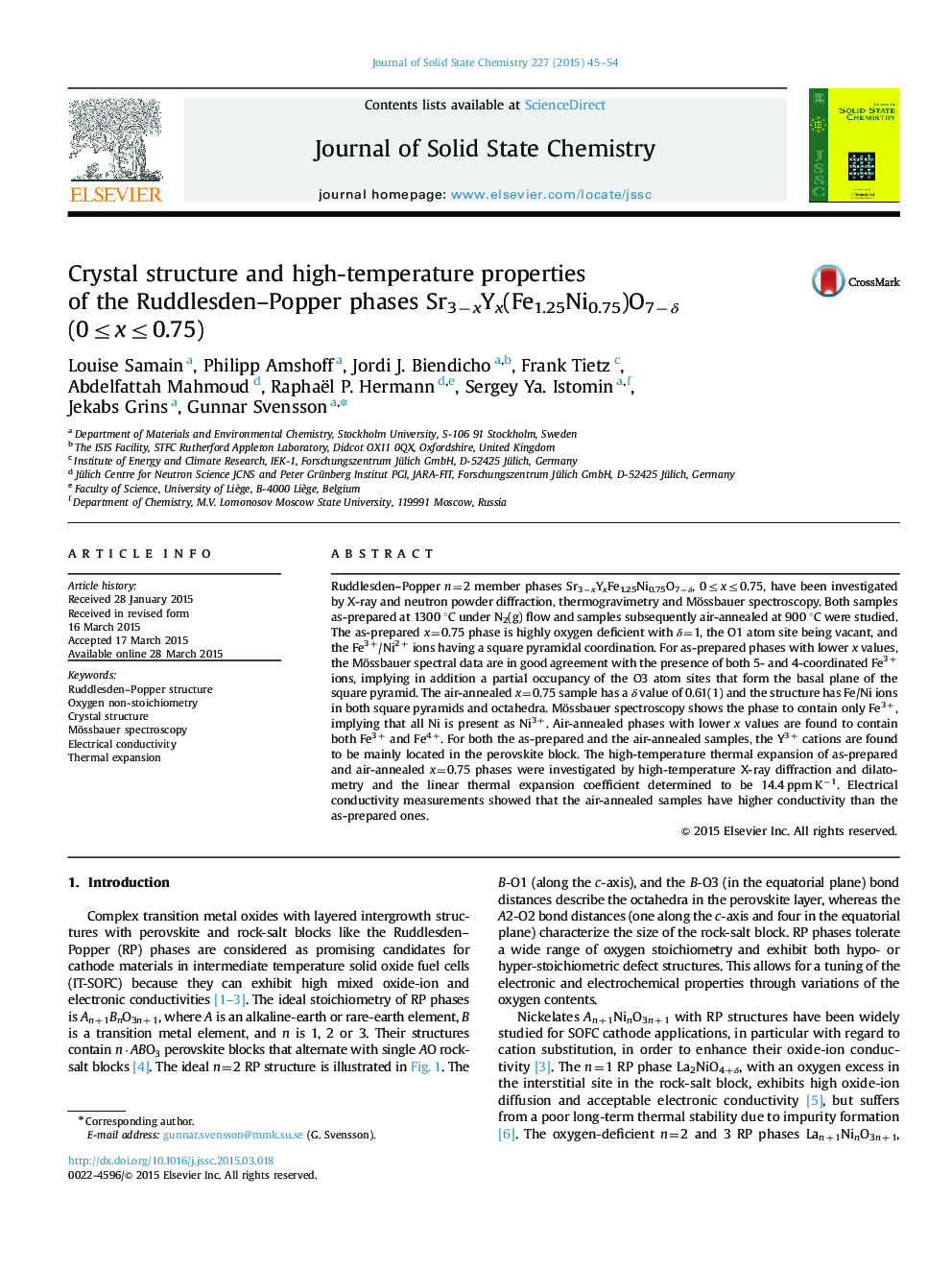 Crystal structure and high-temperature properties of the Ruddlesden-Popper phases Sr3âxYx(Fe1.25Ni0.75)O7âÎ´ (0â¤xâ¤0.75)