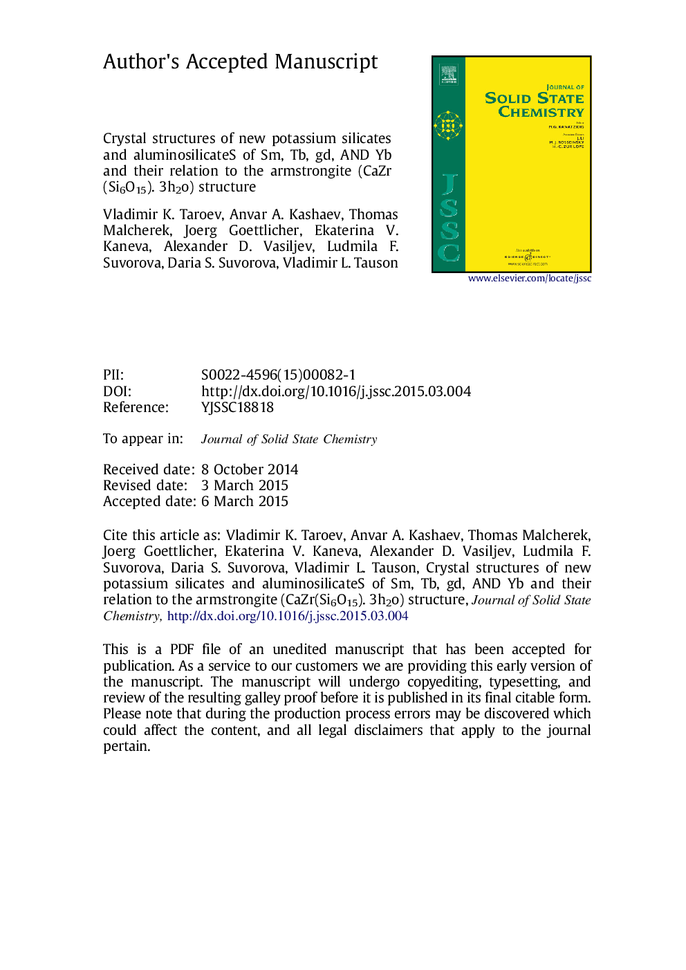 Crystal structures of new potassium silicates and aluminosilicates of Sm, Tb, Gd, and Yb and their relation to the armstrongite (CaZr(Si6O15)Â·3H2O) structure