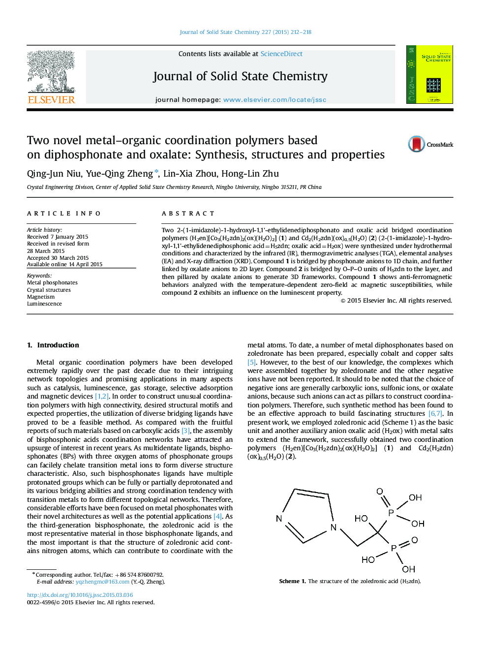 Two novel metal-organic coordination polymers based on diphosphonate and oxalate: Synthesis, structures and properties