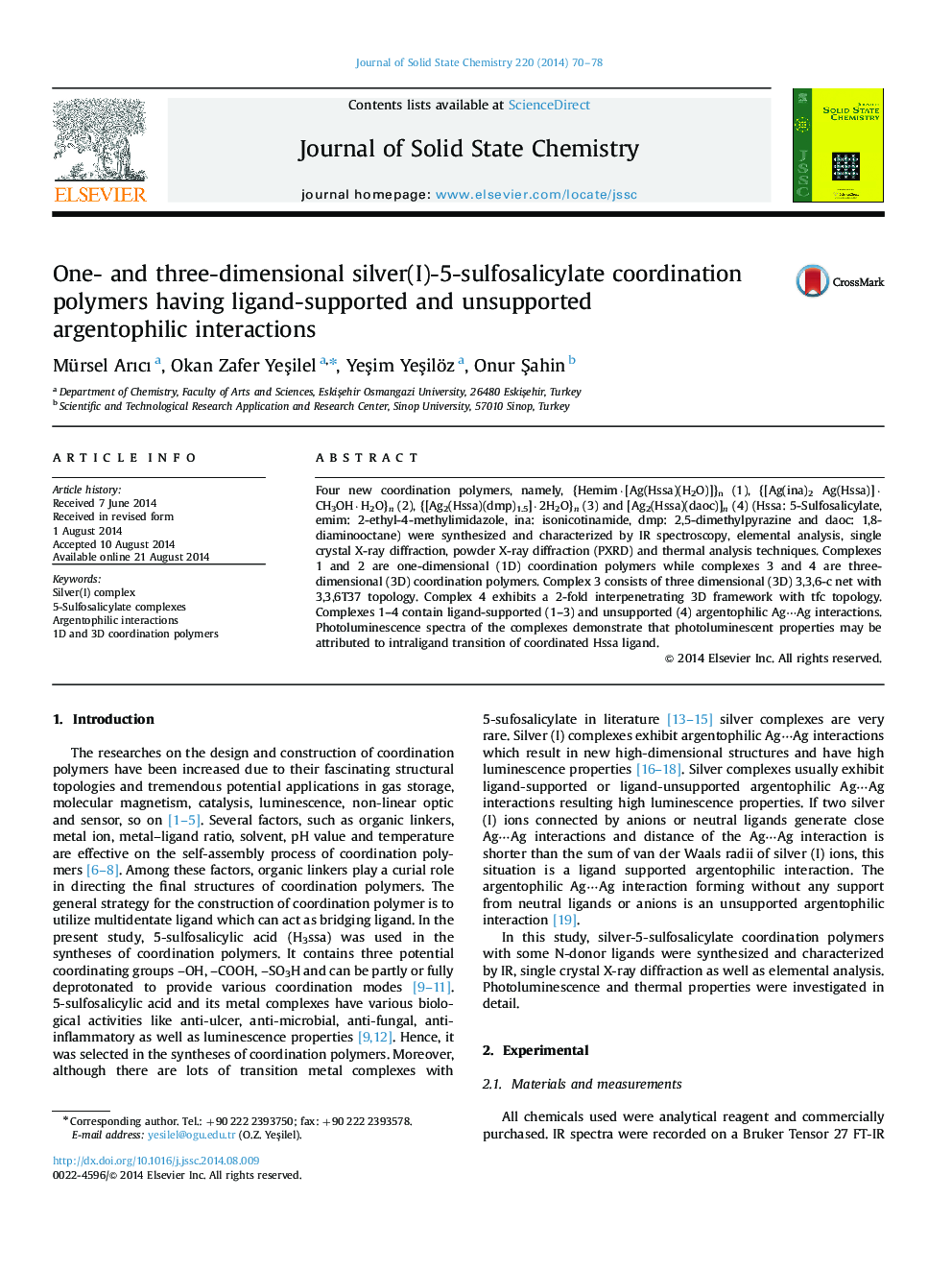 One- and three-dimensional silver(I)-5-sulfosalicylate coordination polymers having ligand-supported and unsupported argentophilic interactions