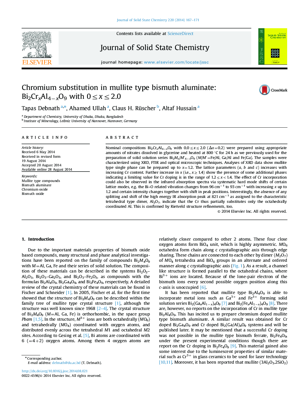 عکس صفحه اول مقاله: Chromium substitution in mullite type bismuth aluminate: Bi2CrxAl4âxO9 with 0â¤xâ¤2.0 Chromium substitution in mullite type bismuth aluminate: Bi2CrxAl4âxO9 with 0â¤xâ¤2.0