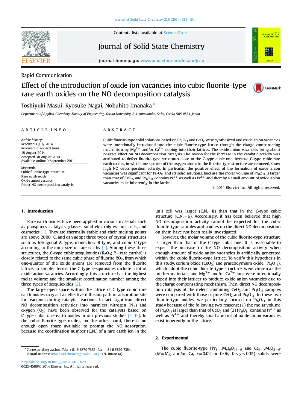 Effect of the introduction of oxide ion vacancies into cubic fluorite-type rare earth oxides on the NO decomposition catalysis