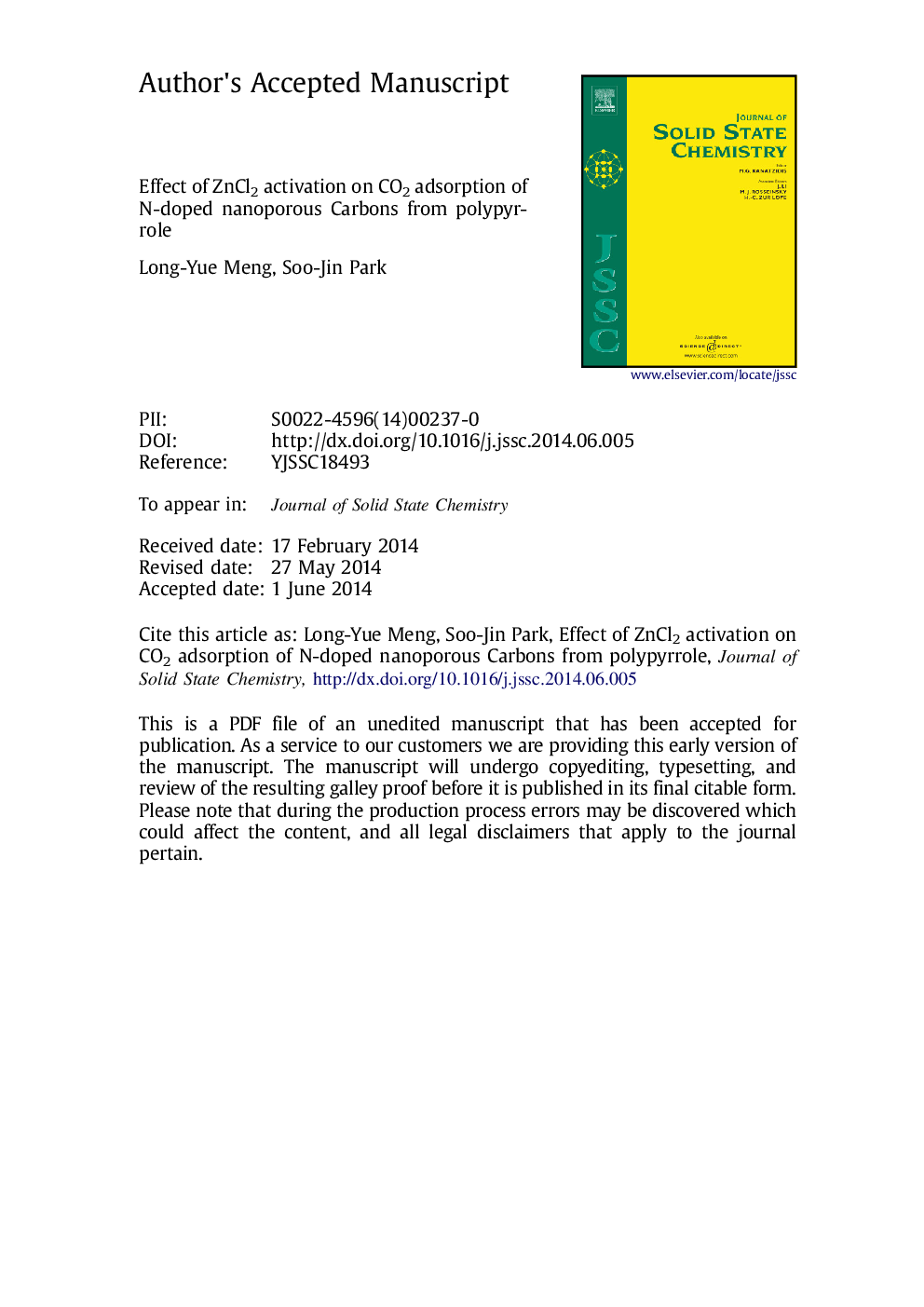 عکس صفحه اول مقاله: Effect of ZnCl2 activation on CO2 adsorption of N-doped nanoporous carbons from polypyrrole Effect of ZnCl2 activation on CO2 adsorption of N-doped nanoporous carbons from polypyrrole