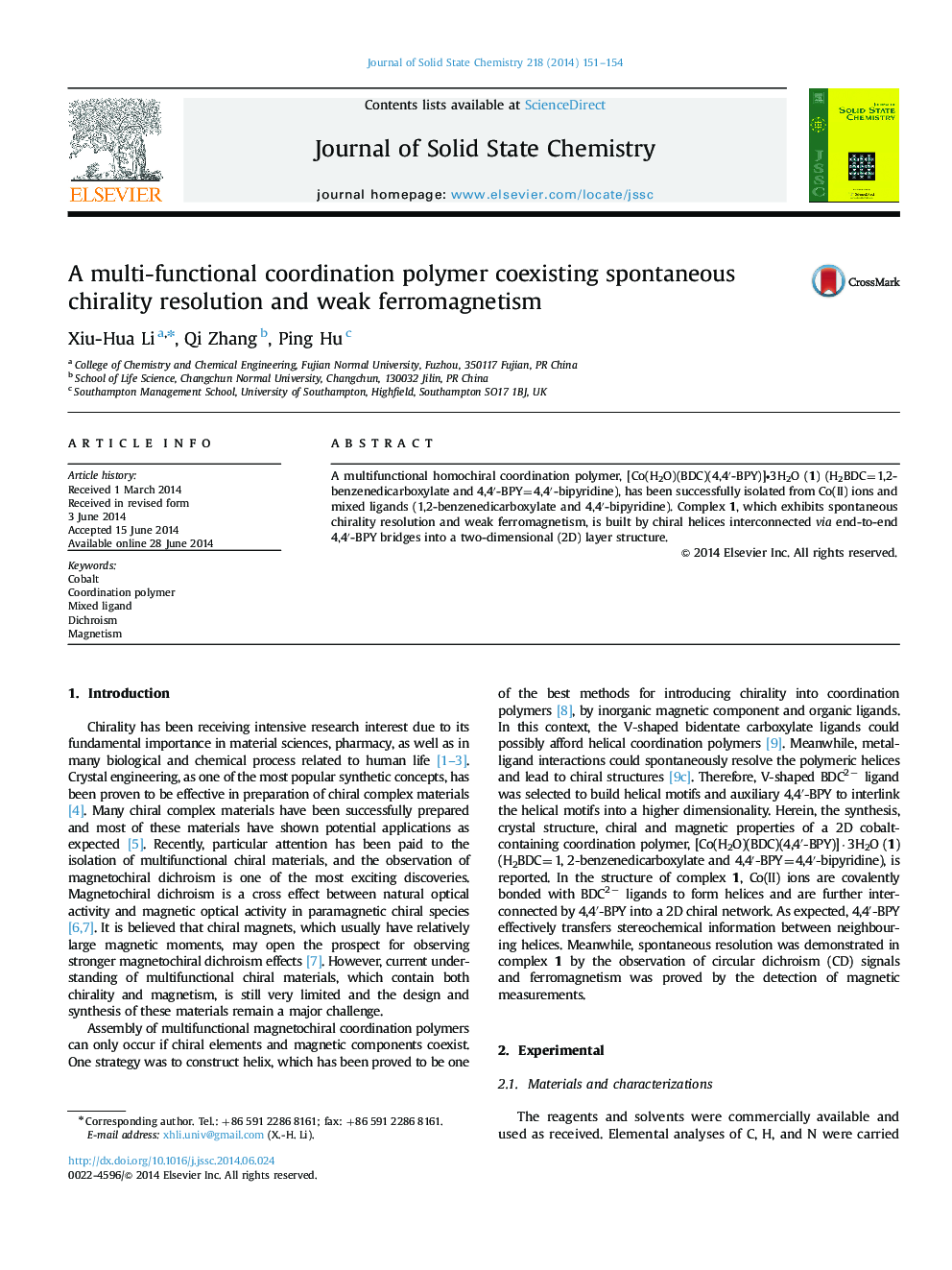 A multi-functional coordination polymer coexisting spontaneous chirality resolution and weak ferromagnetism