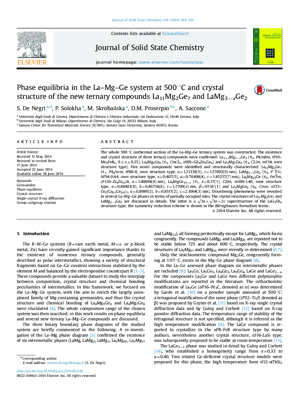 Phase equilibria in the La-Mg-Ge system at 500Â Â°C and crystal structure of the new ternary compounds La11Mg2Ge7 and LaMg3âxGe2