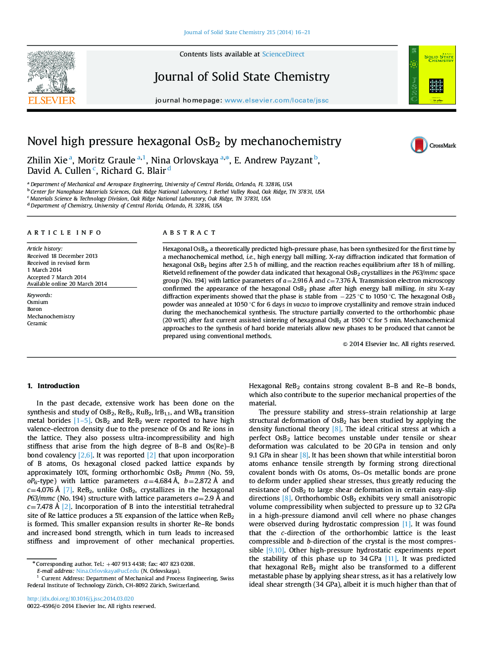 Novel high pressure hexagonal OsB2 by mechanochemistry