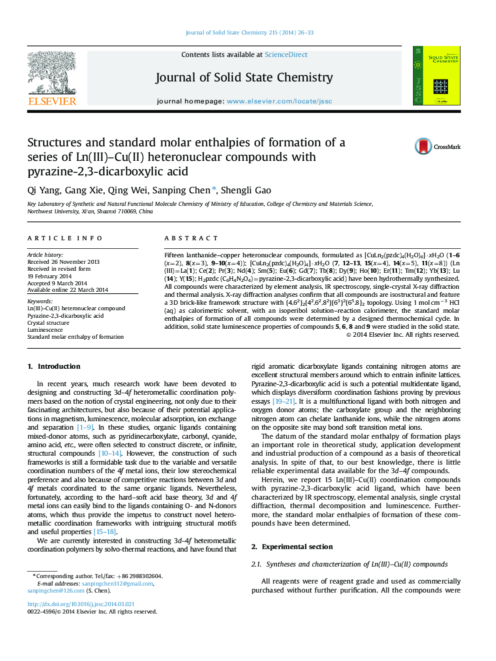 Structures and standard molar enthalpies of formation of a series of Ln(III)-Cu(II) heteronuclear compounds with pyrazine-2,3-dicarboxylic acid