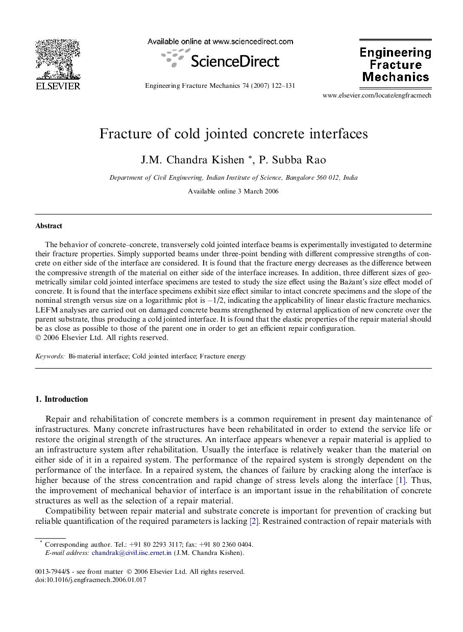 Fracture of cold jointed concrete interfaces