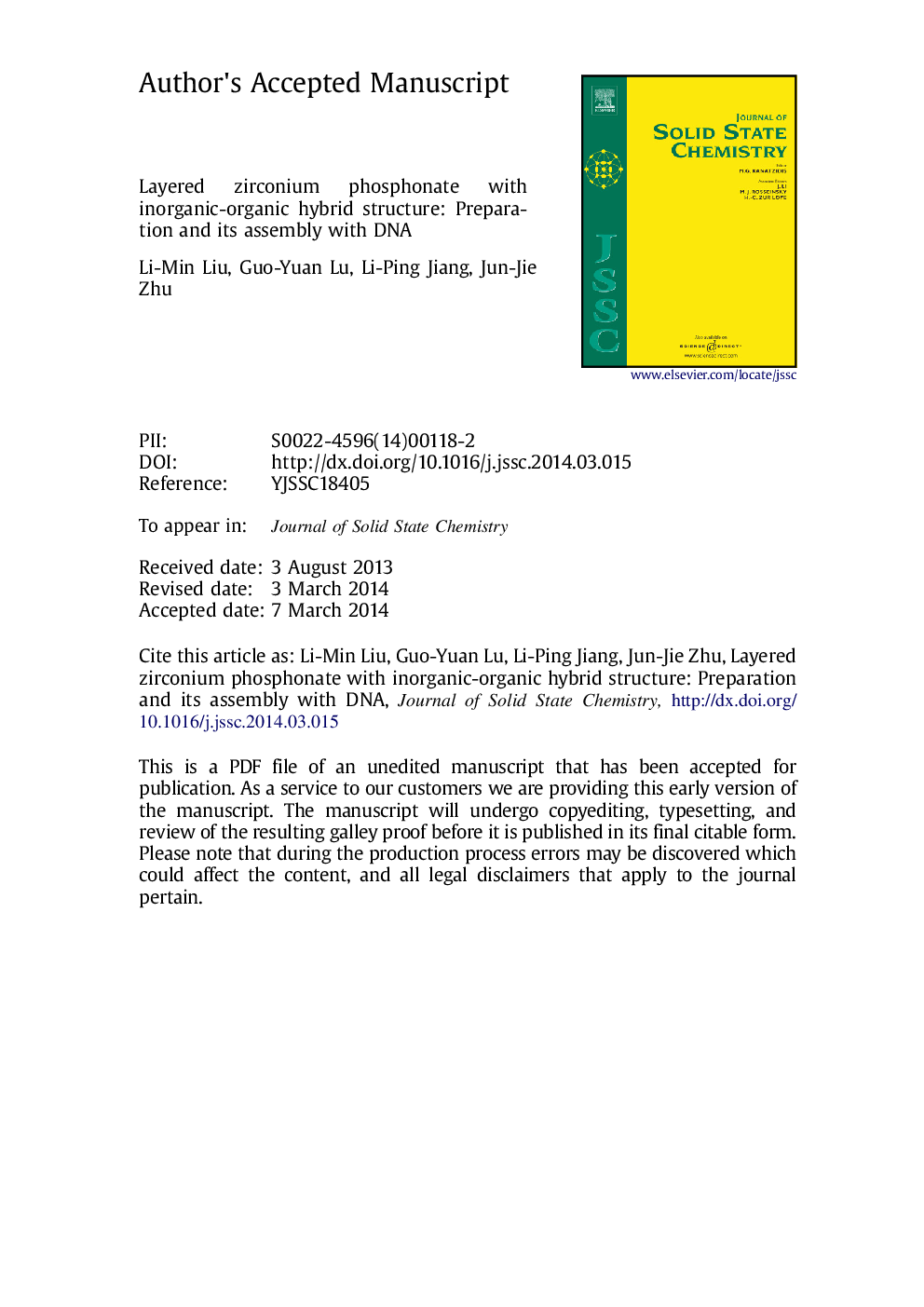 Layered zirconium phosphonate with inorganic-organic hybrid structure: Preparation and its assembly with DNA