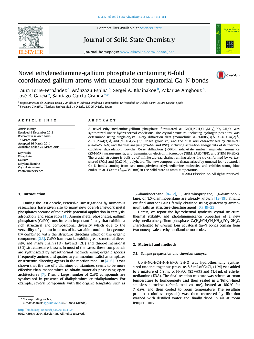 Novel ethylenediamine-gallium phosphate containing 6-fold coordinated gallium atoms with unusual four equatorial Ga-N bonds