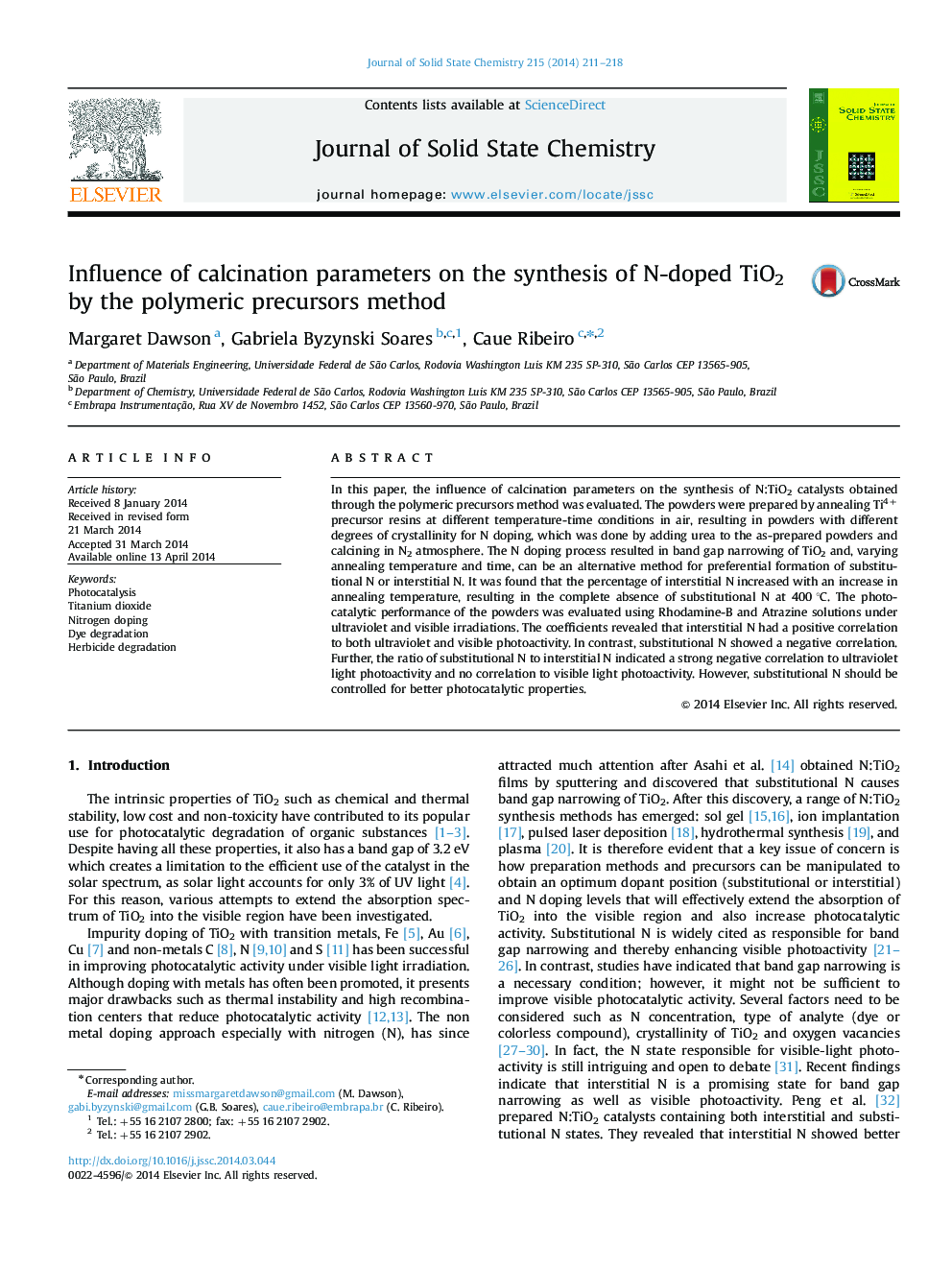 Influence of calcination parameters on the synthesis of N-doped TiO2 by the polymeric precursors method