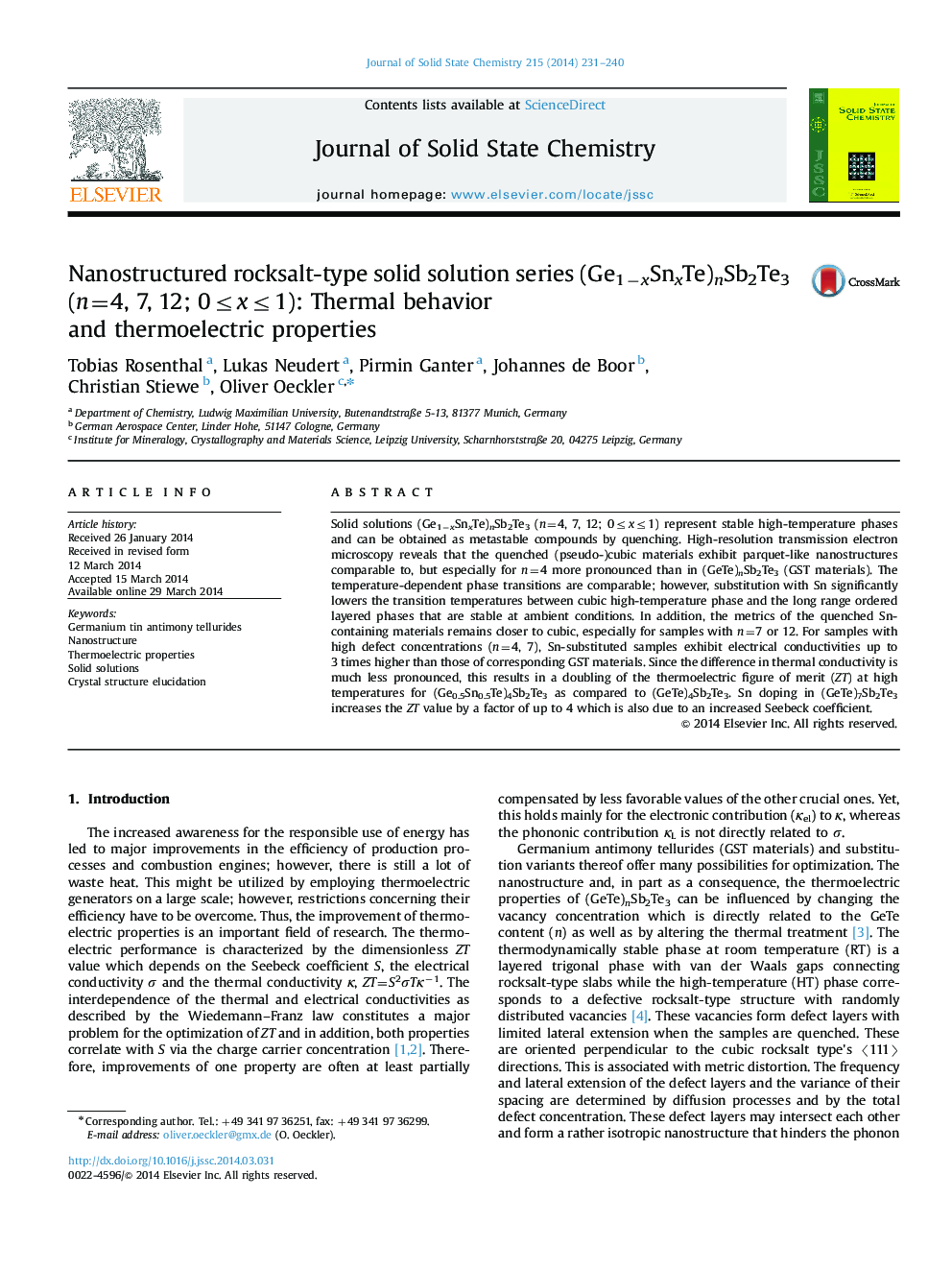 Nanostructured rocksalt-type solid solution series (Ge1âxSnxTe)nSb2Te3 (n=4, 7, 12; 0â¤xâ¤1): Thermal behavior and thermoelectric properties