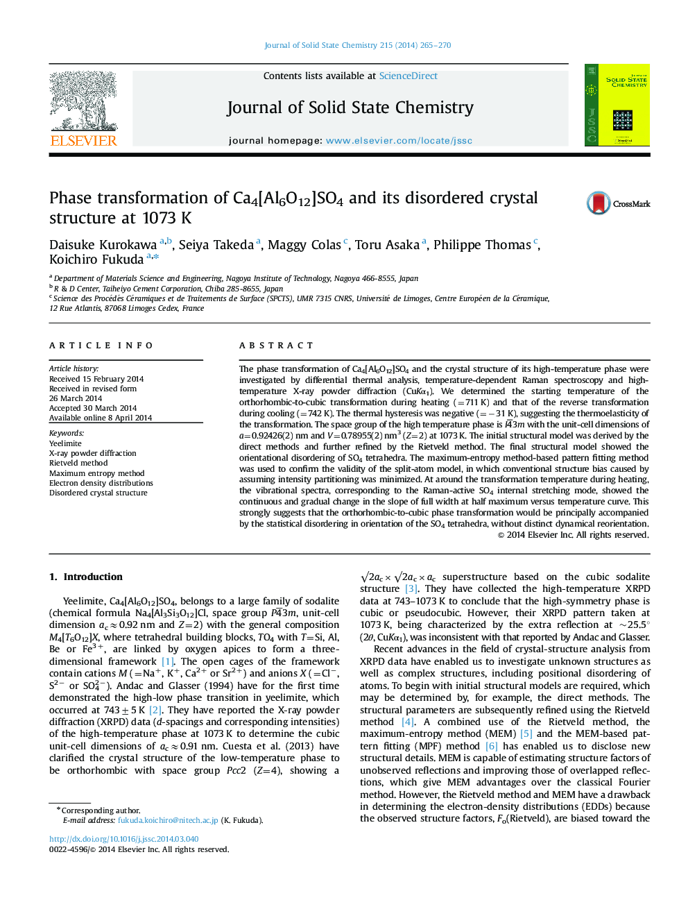 Phase transformation of Ca4[Al6O12]SO4 and its disordered crystal structure at 1073Â K