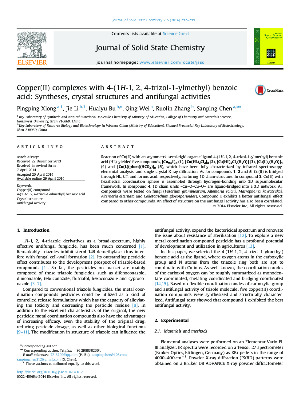Copper(II) complexes with 4-(1H-1, 2, 4-trizol-1-ylmethyl) benzoic acid: Syntheses, crystal structures and antifungal activities