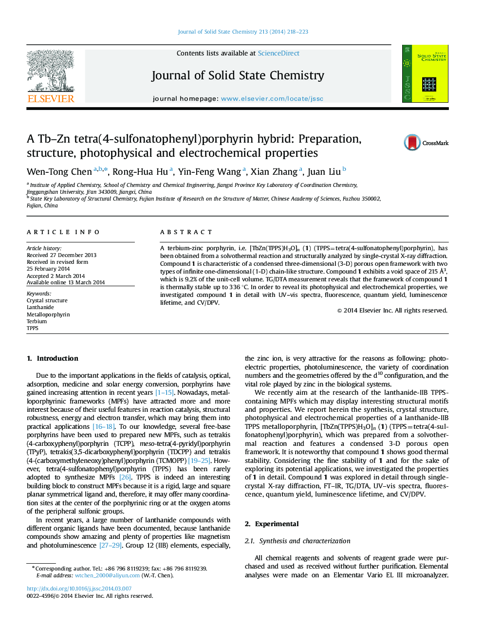 A Tb-Zn tetra(4-sulfonatophenyl)porphyrin hybrid: Preparation, structure, photophysical and electrochemical properties