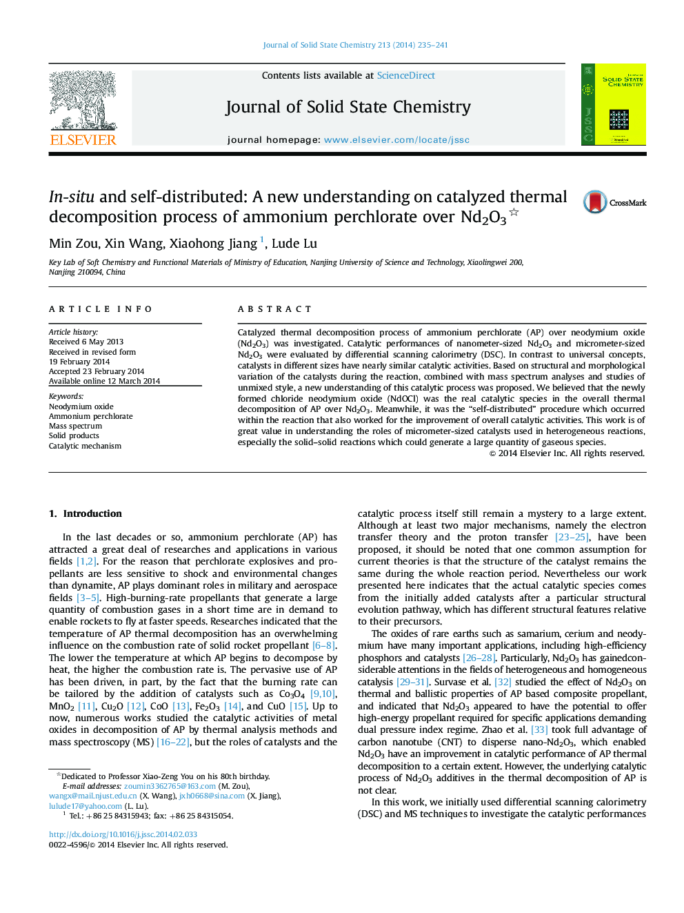 In-situ and self-distributed: A new understanding on catalyzed thermal decomposition process of ammonium perchlorate over Nd2O3