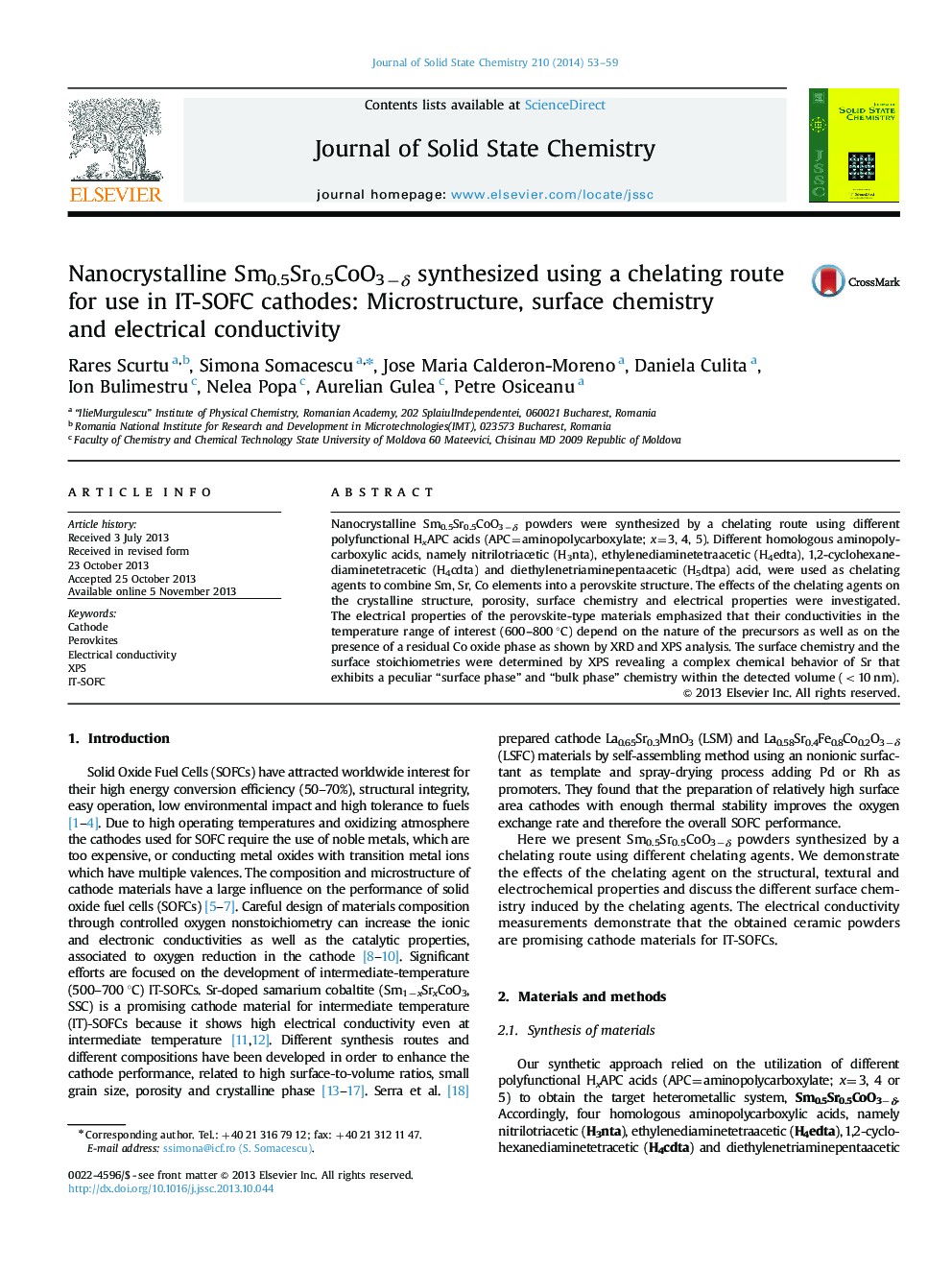 Nanocrystalline Sm0.5Sr0.5CoO3âÎ´ synthesized using a chelating route for use in IT-SOFC cathodes: Microstructure, surface chemistry and electrical conductivity