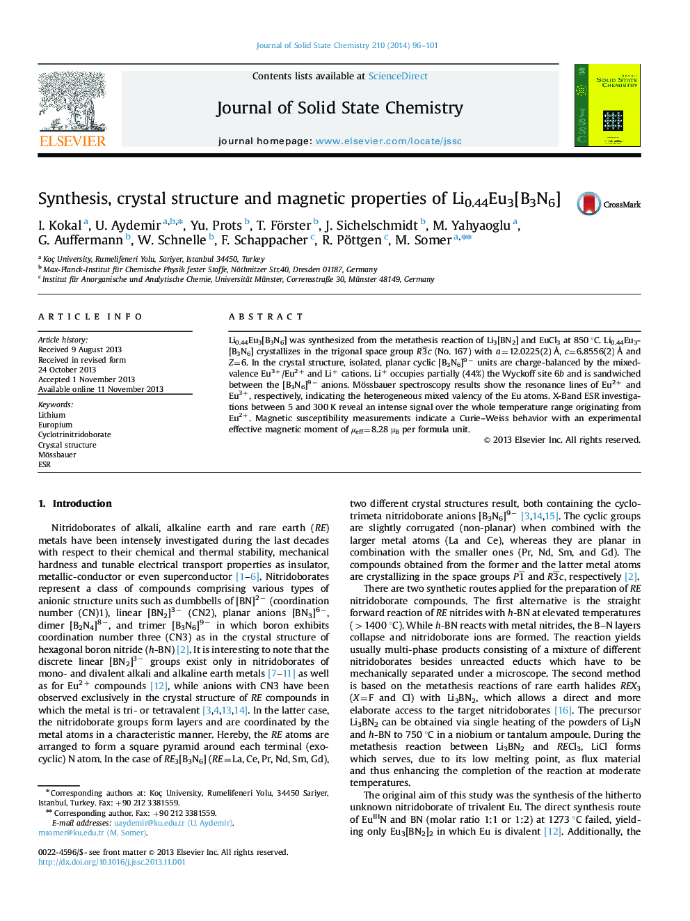 Synthesis, crystal structure and magnetic properties of Li0.44Eu3[B3N6]