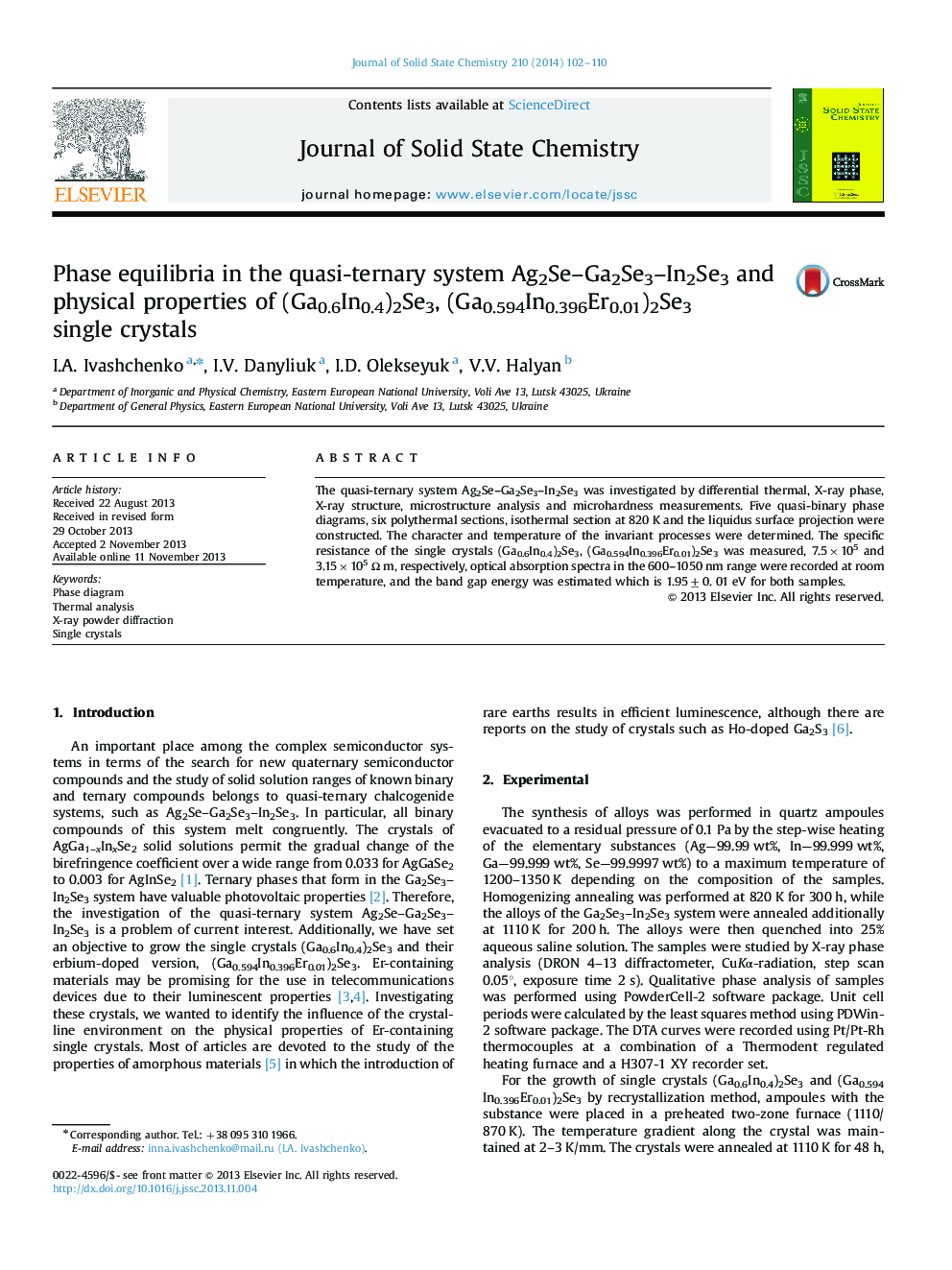 Phase equilibria in the quasi-ternary system Ag2Se-Ga2Se3-In2Se3 and physical properties of (Ga0.6In0.4)2Se3, (Ga0.594In0.396Er0.01)2Se3 single crystals