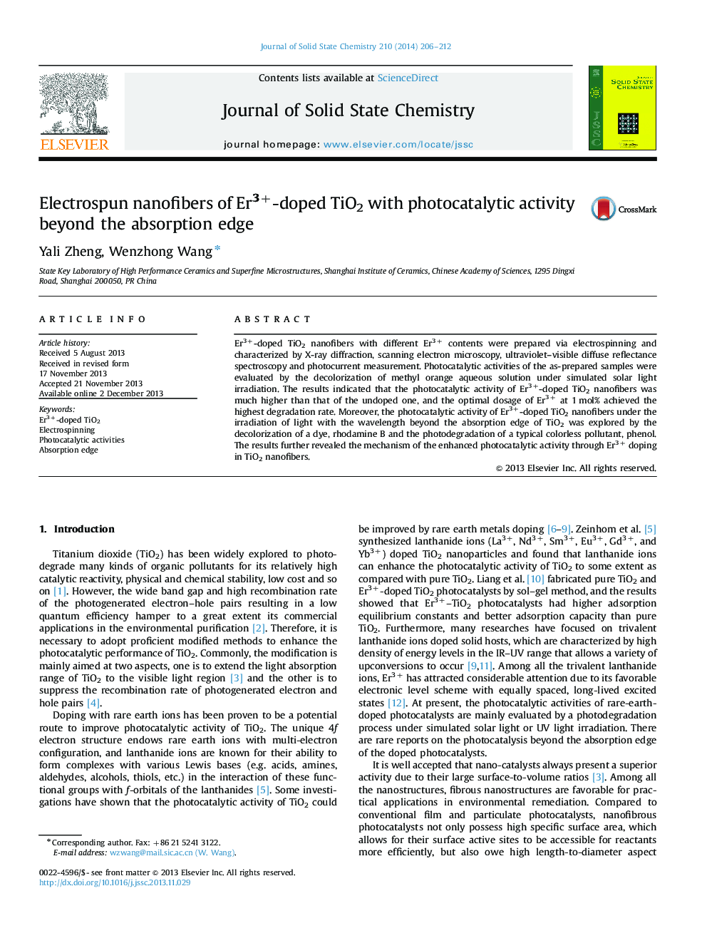 Electrospun nanofibers of Er3+-doped TiO2 with photocatalytic activity beyond the absorption edge