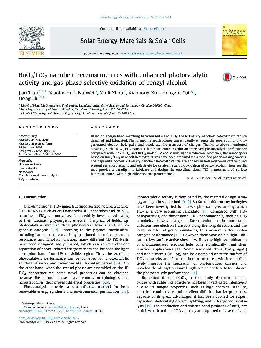 RuO2/TiO2 nanobelt heterostructures with enhanced photocatalytic activity and gas-phase selective oxidation of benzyl alcohol